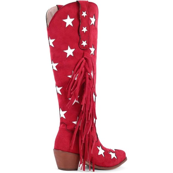 Women's Red Cowgirl Faux Suede Stars Block Heels Under the Knee High Boot - Picture 7 of 7